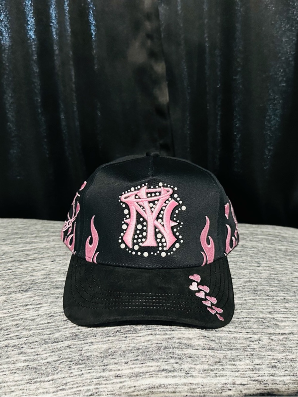 Brand El Mago Black Cap with Pink Flame and Heart Accents